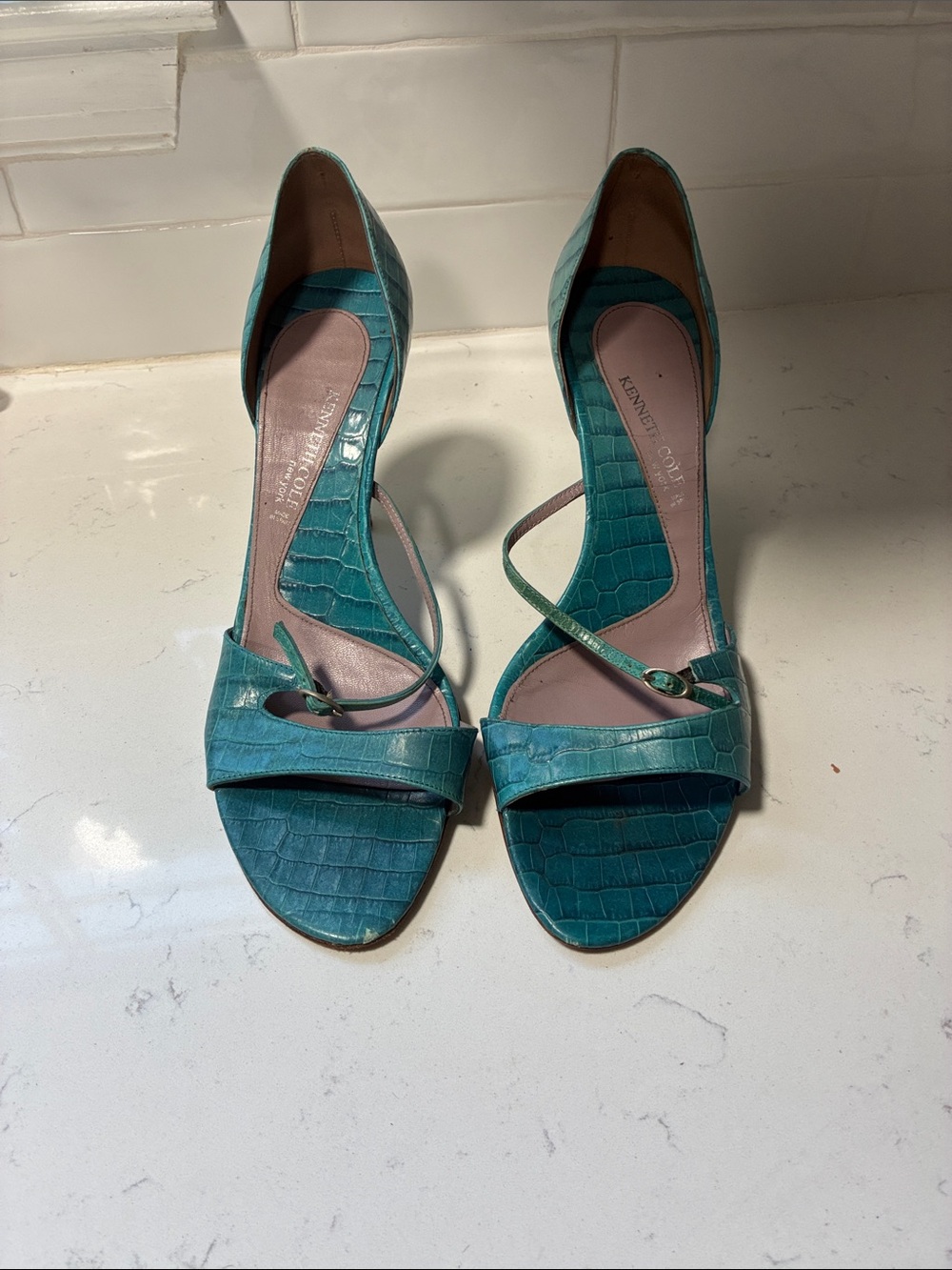 Kenneth Cole Teal Croc-Embossed Strappy Open-Toe Heels